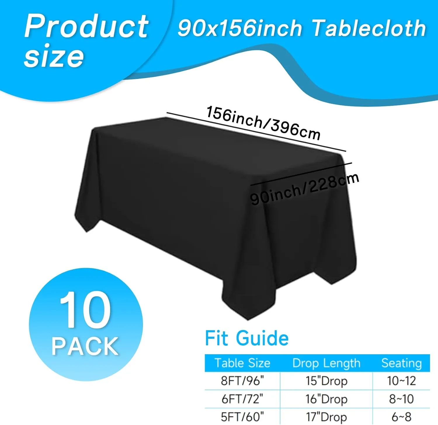 10 Pack Black Tablecloth 90x156 Inch Rectangle Tablecloth Rectangular Polyester Table Cloth Stain and Wrinkle Resistant Washable Fabric Table Covers for Wedding Parties