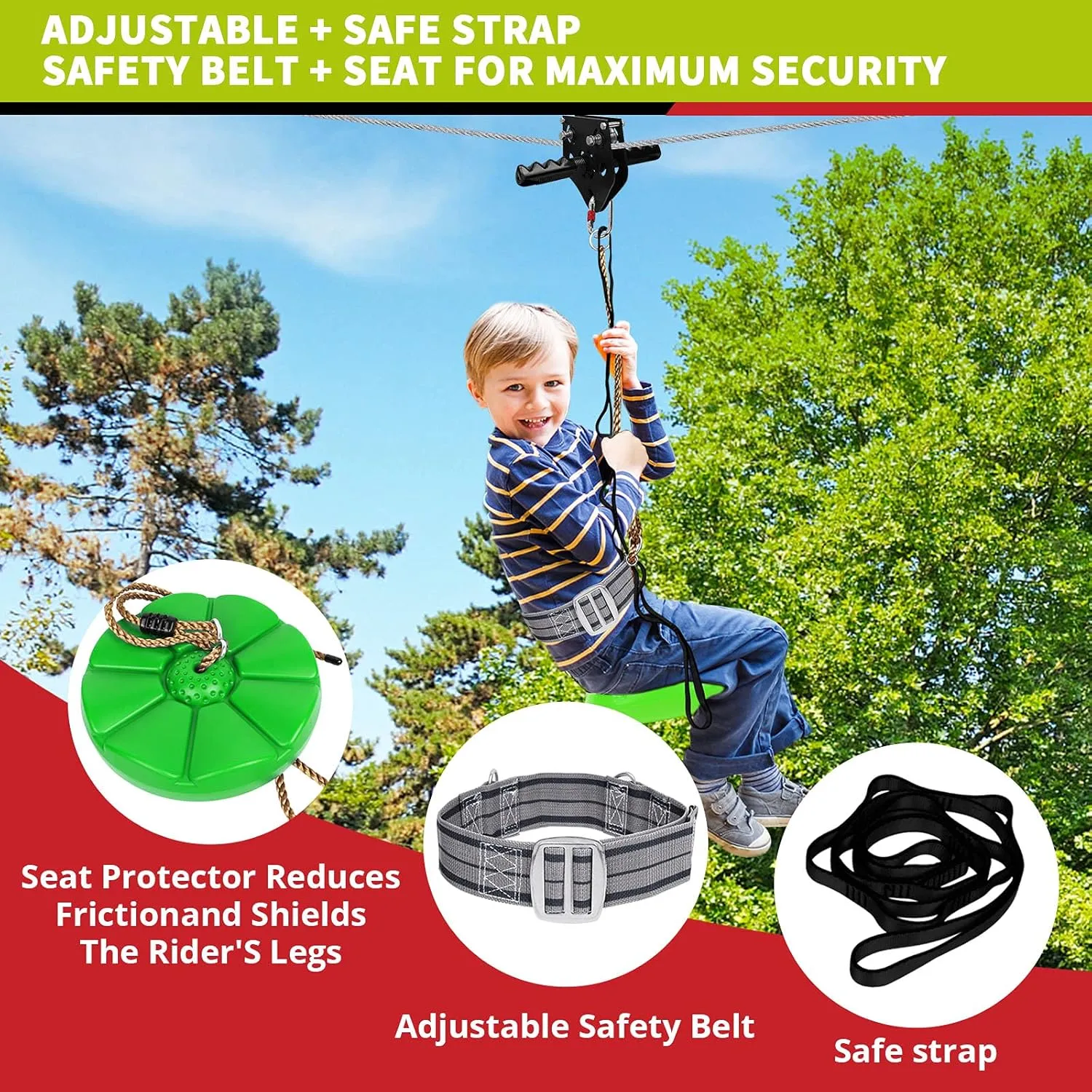 100 ft /120 ft /150 ft/180ft Zip Line Kit for Kids and Adult Up to 380 lb - Updated Removable Design Trolley and Thickened Seat, Rust Proof W/Safety Harness - Zipline Kits for Backyard