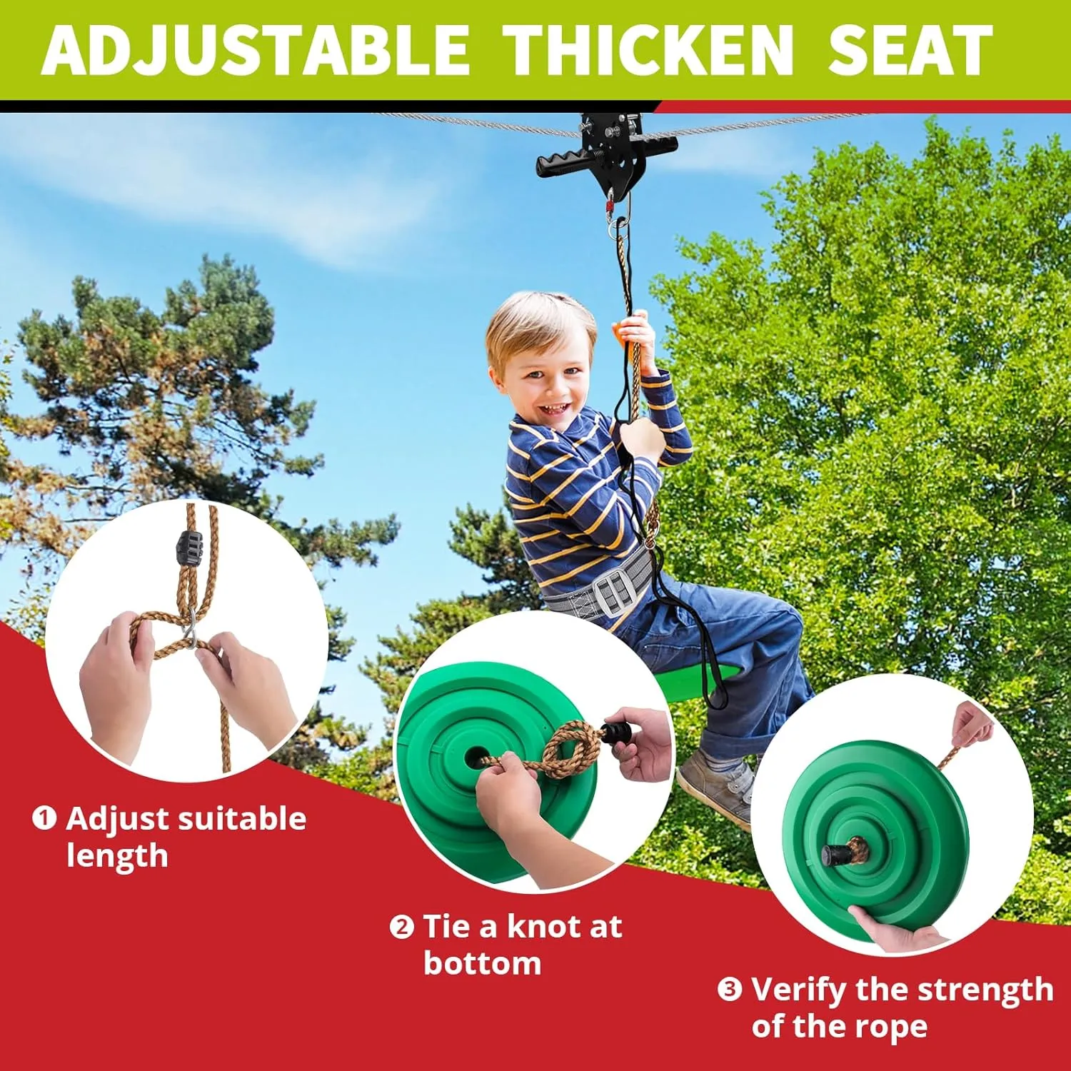 100 ft /120 ft /150 ft/180ft Zip Line Kit for Kids and Adult Up to 380 lb - Updated Removable Design Trolley and Thickened Seat, Rust Proof W/Safety Harness - Zipline Kits for Backyard