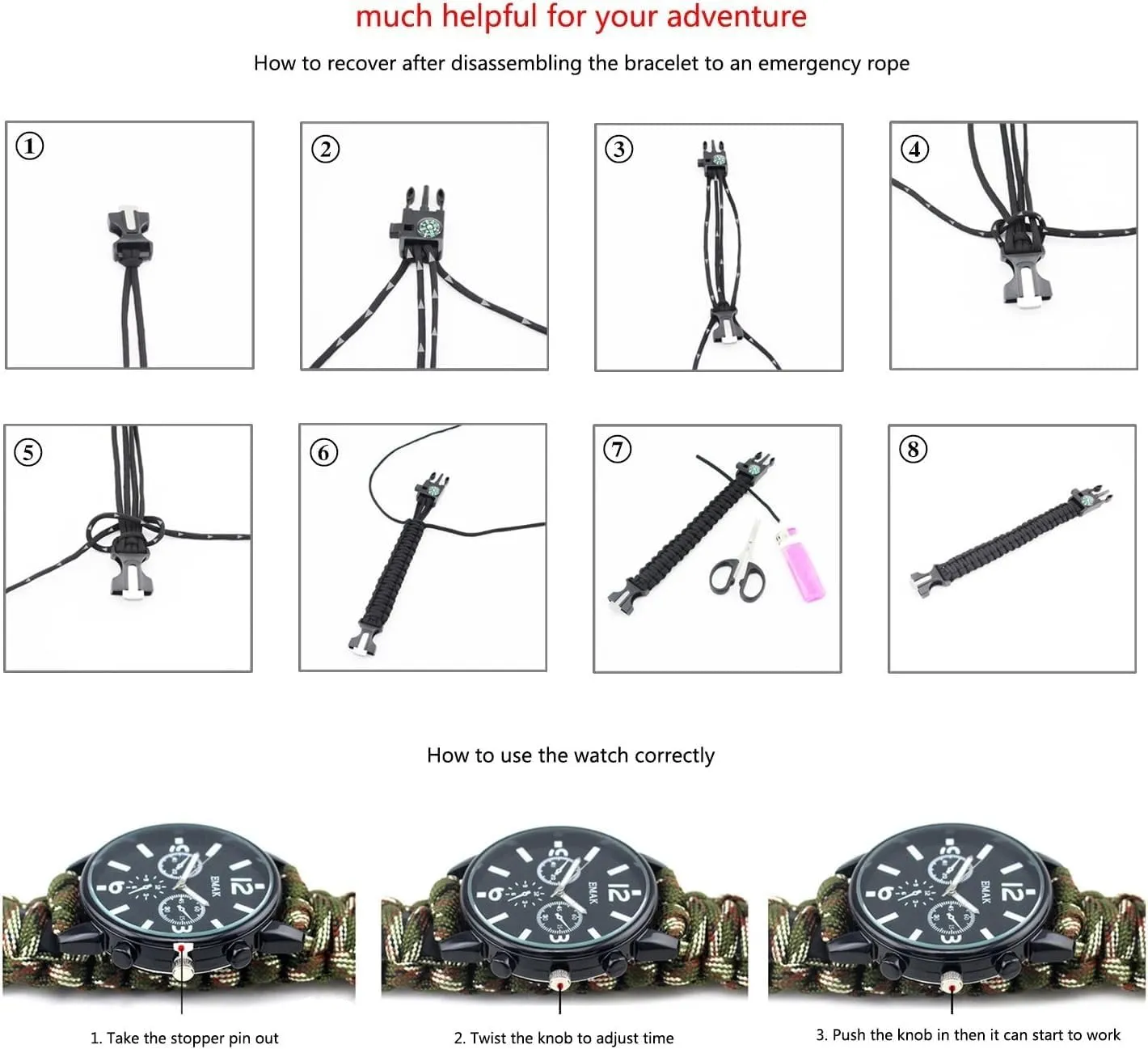 16 in 1 Sports Survival Bracelet, Outdoor 7 Core Paracord Mountaineering Waterproof Watch Emergency Wristband First Aid Tools with Fishing Kit