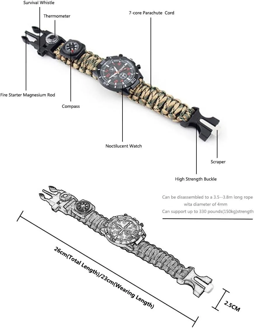 16 in 1 Sports Survival Bracelet, Outdoor 7 Core Paracord Mountaineering Waterproof Watch Emergency Wristband First Aid Tools with Fishing Kit