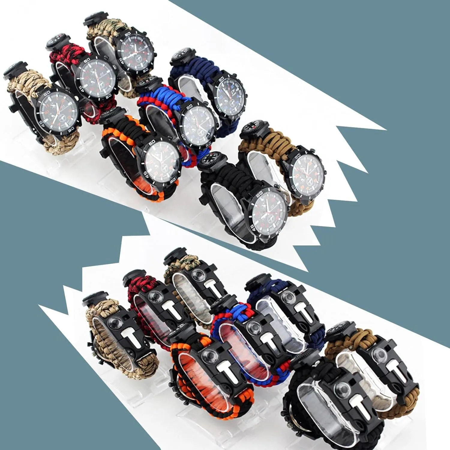 16 in 1 Sports Survival Bracelet, Outdoor 7 Core Paracord Mountaineering Waterproof Watch Emergency Wristband First Aid Tools with Fishing Kit
