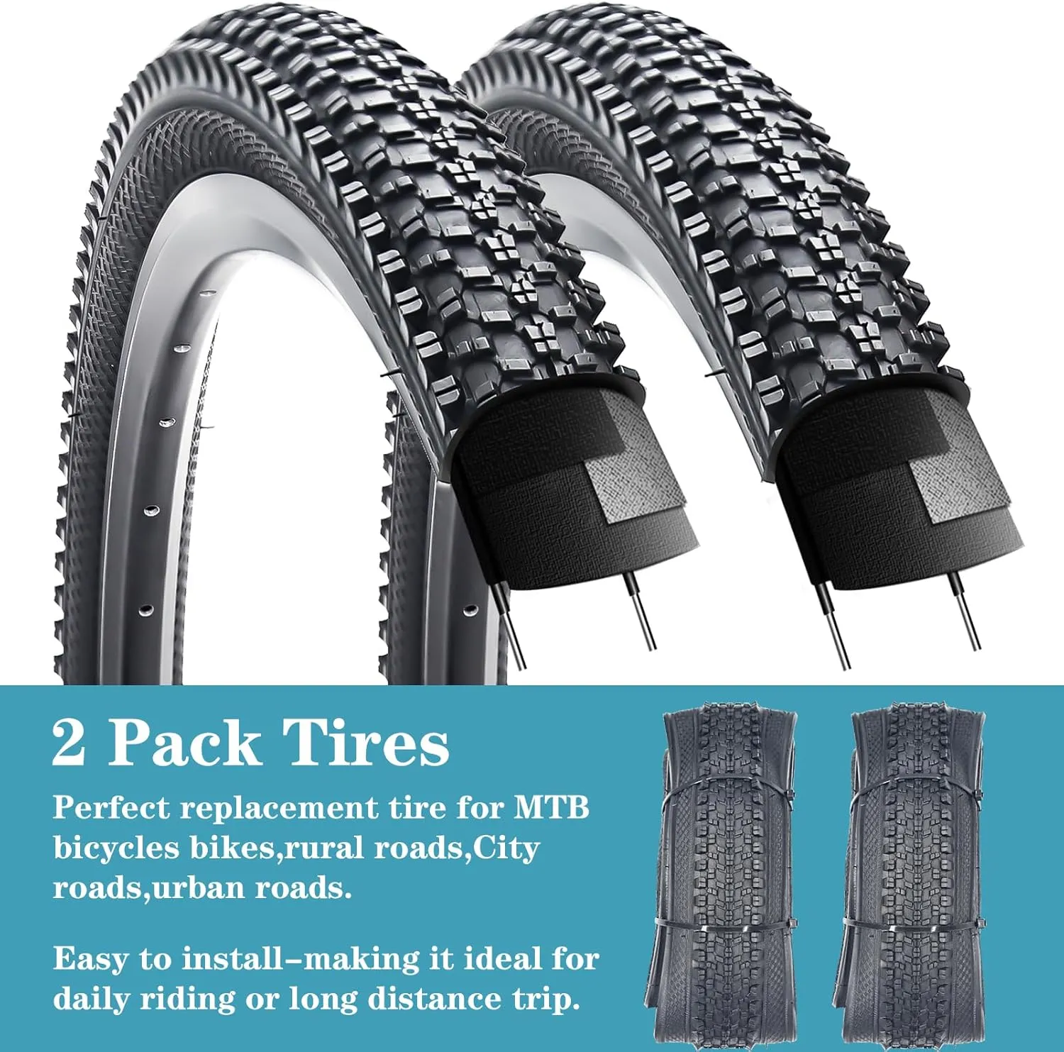 2 Pack 24"/26"x1.95" 26"x2.1" 20"x2.125" 27.5"x2.125" Inch Bike Tire Folding Bead Replacement Tire Double Packing for Mountain Bicycle Tire with or Without Tubes and Levers