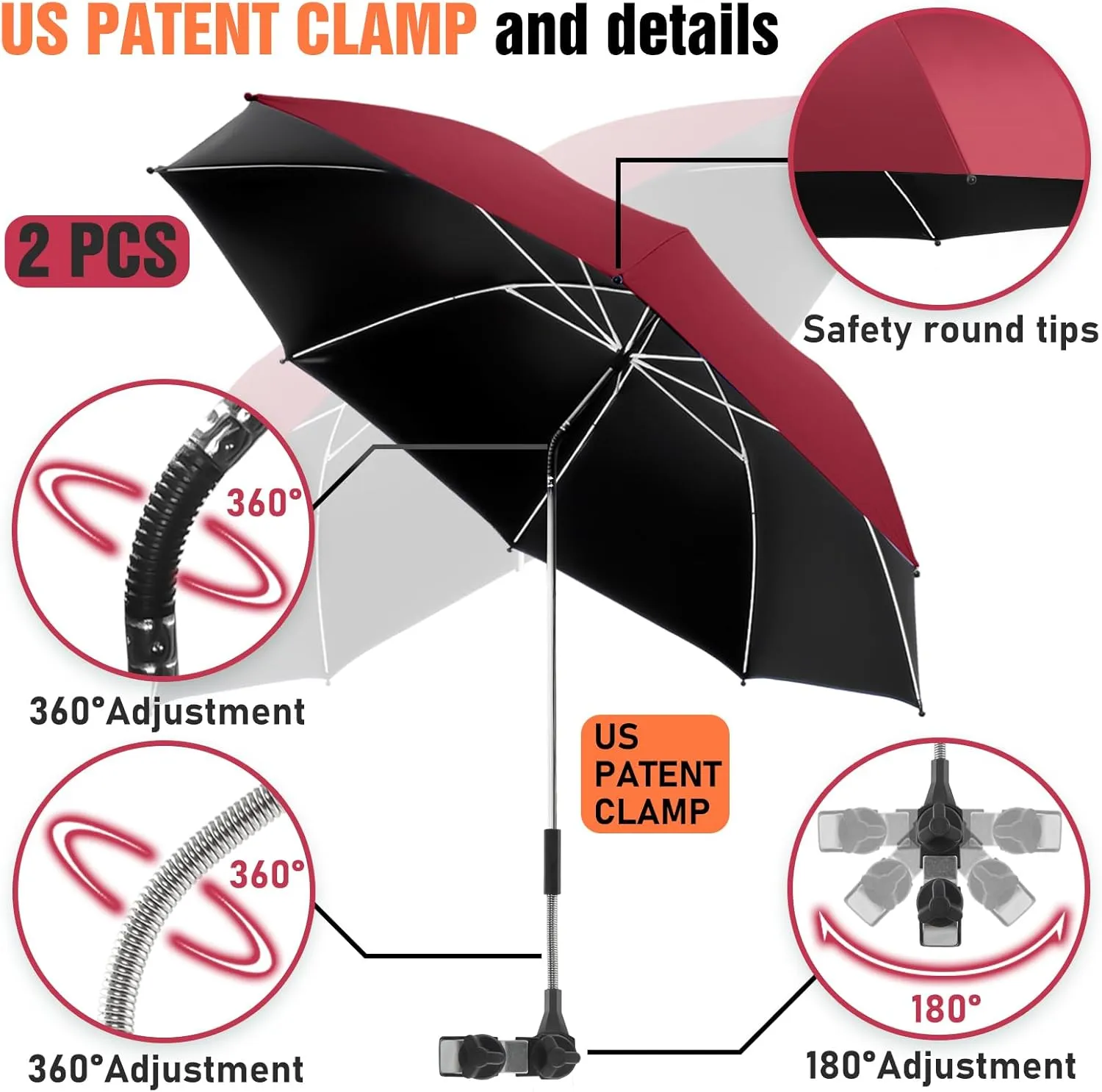 2 PACK Beach Umbrella with Clamp, 360 ° Adjustable Umbrellas for Chair, UPF50  Umbrella for Beach Chair, Patio Chair, Wheelchair, Camping Chair, Golf Carts (Chair Not Included)