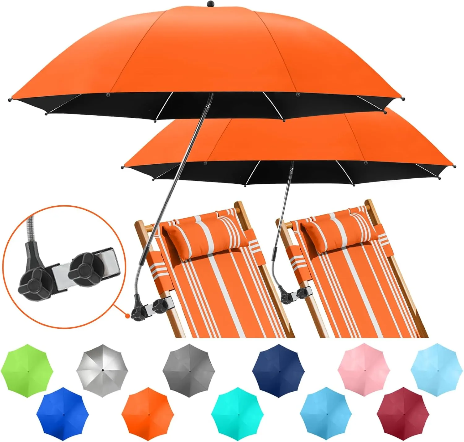 2 PACK Beach Umbrella with Clamp, 360 ° Adjustable Umbrellas for Chair, UPF50  Umbrella for Beach Chair, Patio Chair, Wheelchair, Camping Chair, Golf Carts (Chair Not Included)