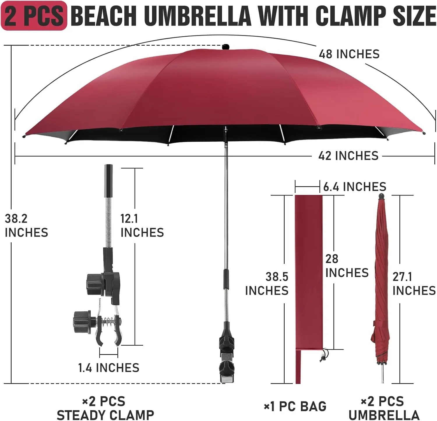 2 PACK Beach Umbrella with Clamp, 360 ° Adjustable Umbrellas for Chair, UPF50  Umbrella for Beach Chair, Patio Chair, Wheelchair, Camping Chair, Golf Carts (Chair Not Included)