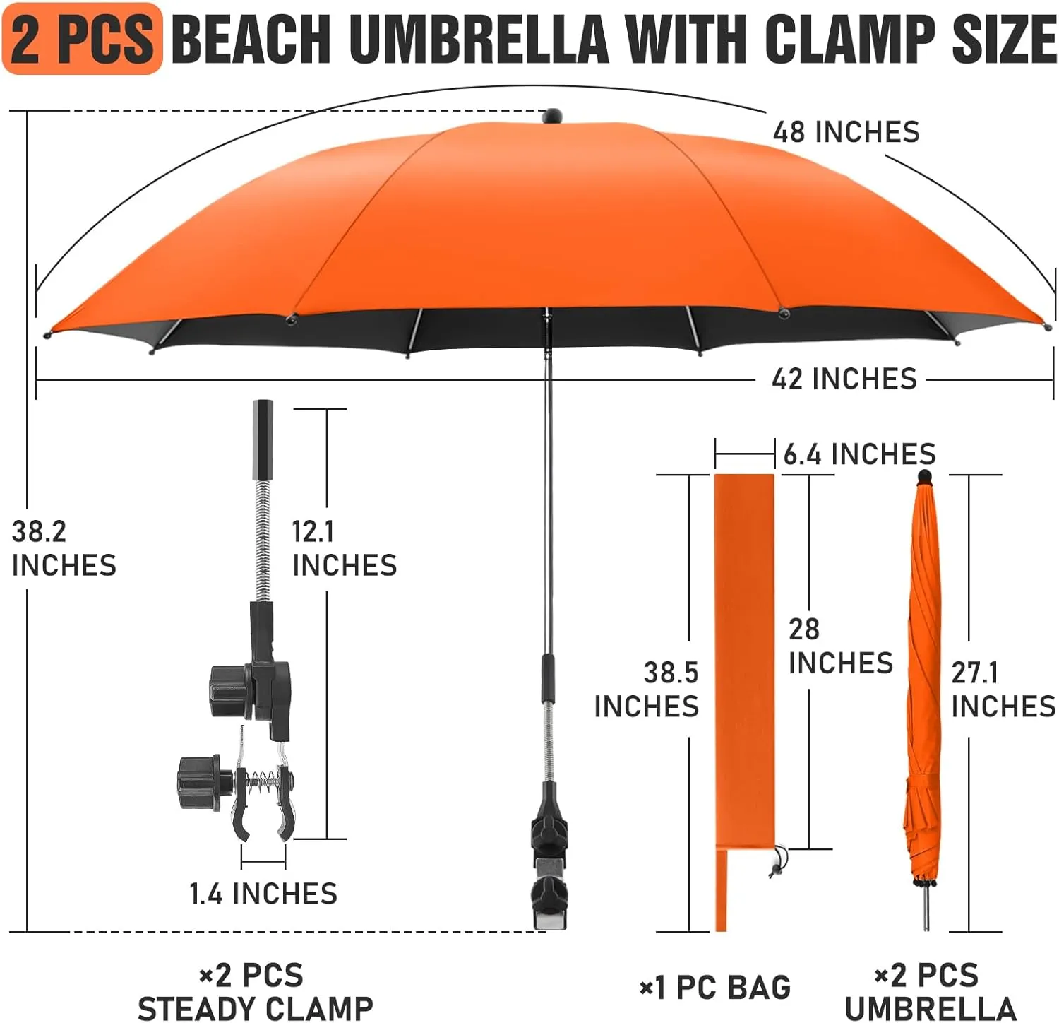 2 PACK Beach Umbrella with Clamp, 360 ° Adjustable Umbrellas for Chair, UPF50  Umbrella for Beach Chair, Patio Chair, Wheelchair, Camping Chair, Golf Carts (Chair Not Included)