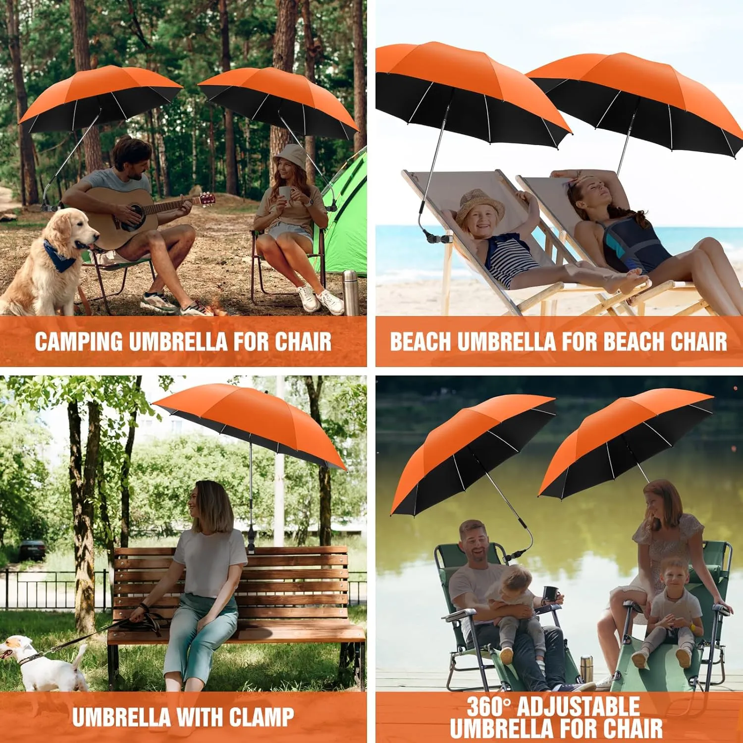 2 PACK Beach Umbrella with Clamp, 360 ° Adjustable Umbrellas for Chair, UPF50  Umbrella for Beach Chair, Patio Chair, Wheelchair, Camping Chair, Golf Carts (Chair Not Included)