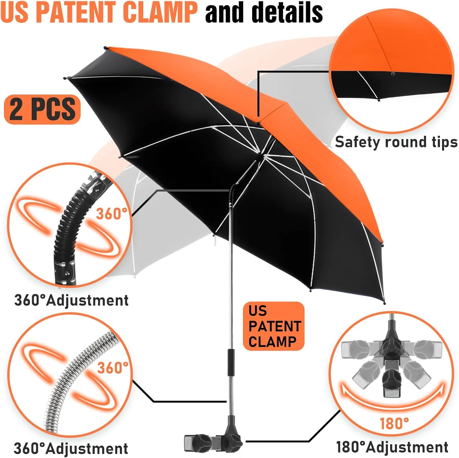 2 PACK Beach Umbrella with Clamp, 360 ° Adjustable Umbrellas for Chair, UPF50  Umbrella for Beach Chair, Patio Chair, Wheelchair, Camping Chair, Golf Carts (Chair Not Included)