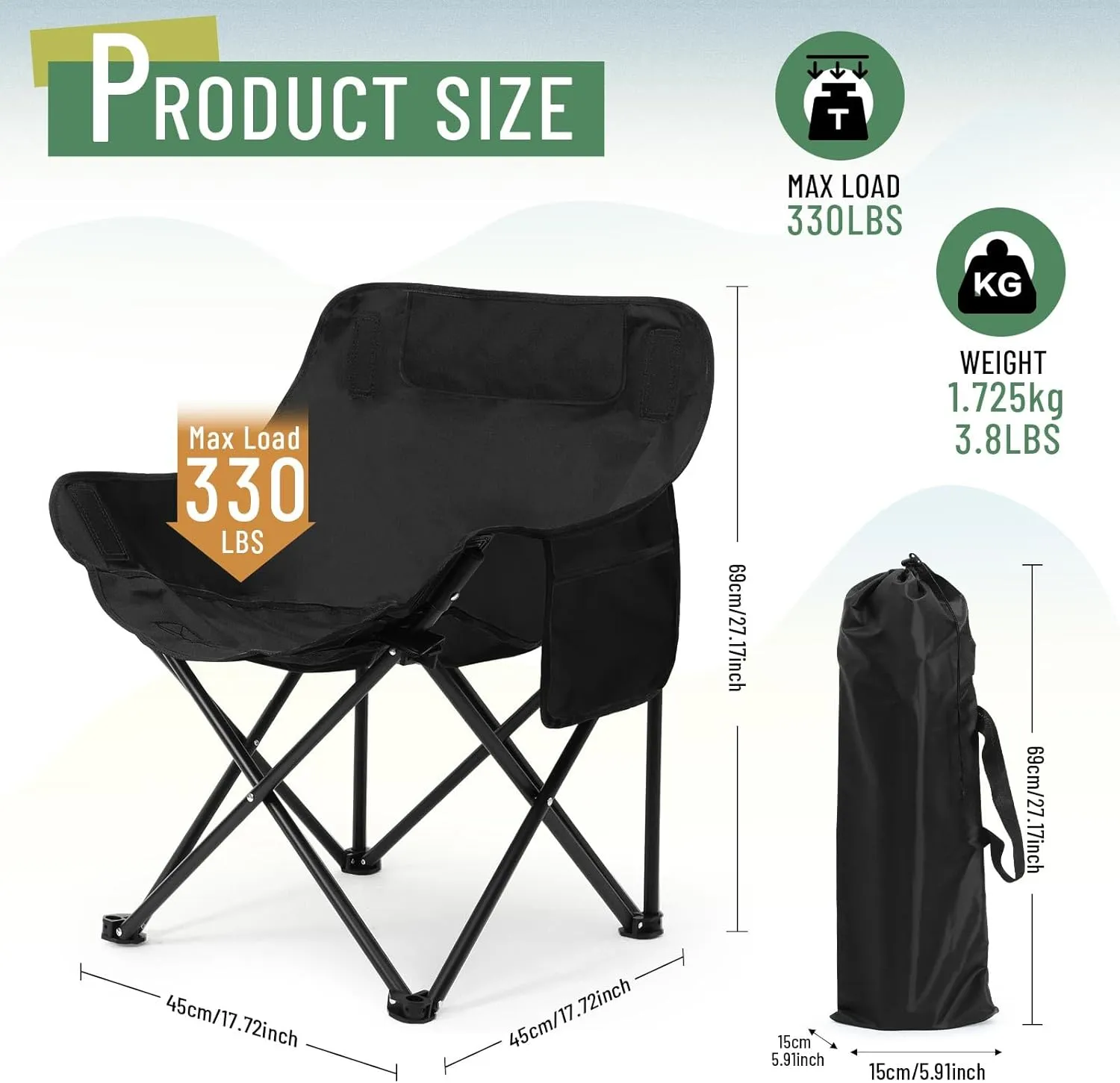 2 Pack Compact Camping Chairs Portable Folding for Outside with Carry Bag Lightweight Moon Chairs for Travel Picnic Hiking Beach Fishing, 600D Oxford, Supports 330lbs(Red, Black)