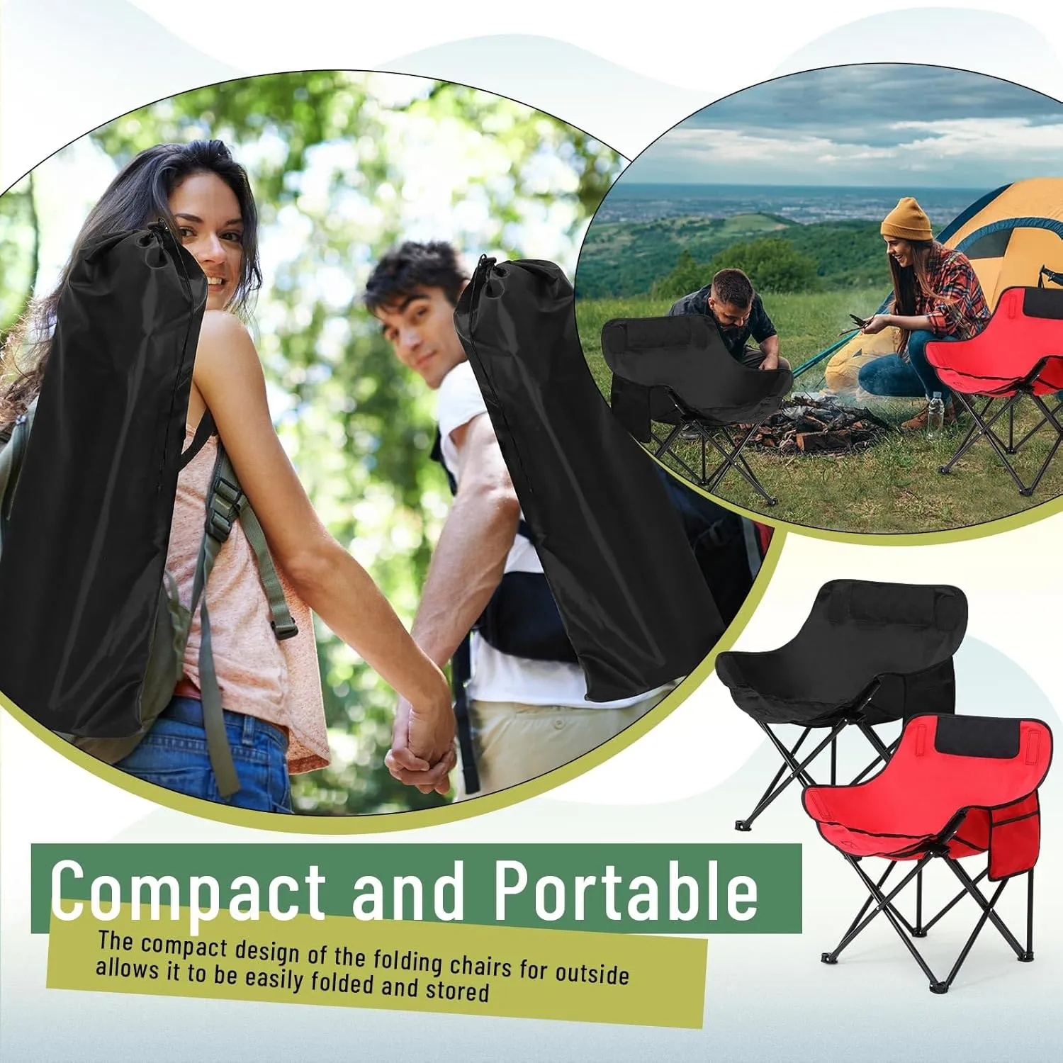 2 Pack Compact Camping Chairs Portable Folding for Outside with Carry Bag Lightweight Moon Chairs for Travel Picnic Hiking Beach Fishing, 600D Oxford, Supports 330lbs(Red, Black)