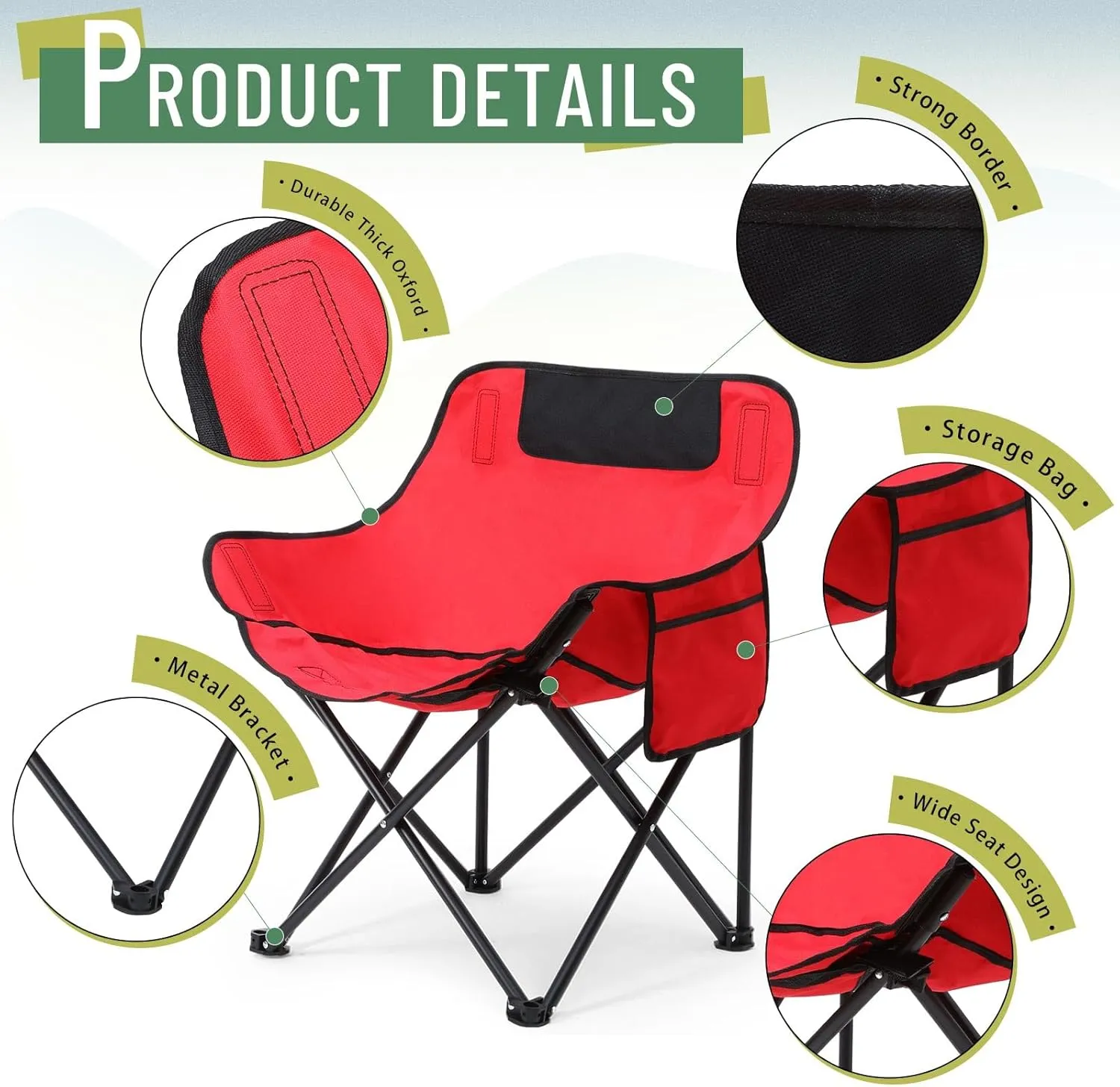 2 Pack Compact Camping Chairs Portable Folding for Outside with Carry Bag Lightweight Moon Chairs for Travel Picnic Hiking Beach Fishing, 600D Oxford, Supports 330lbs(Red, Black)