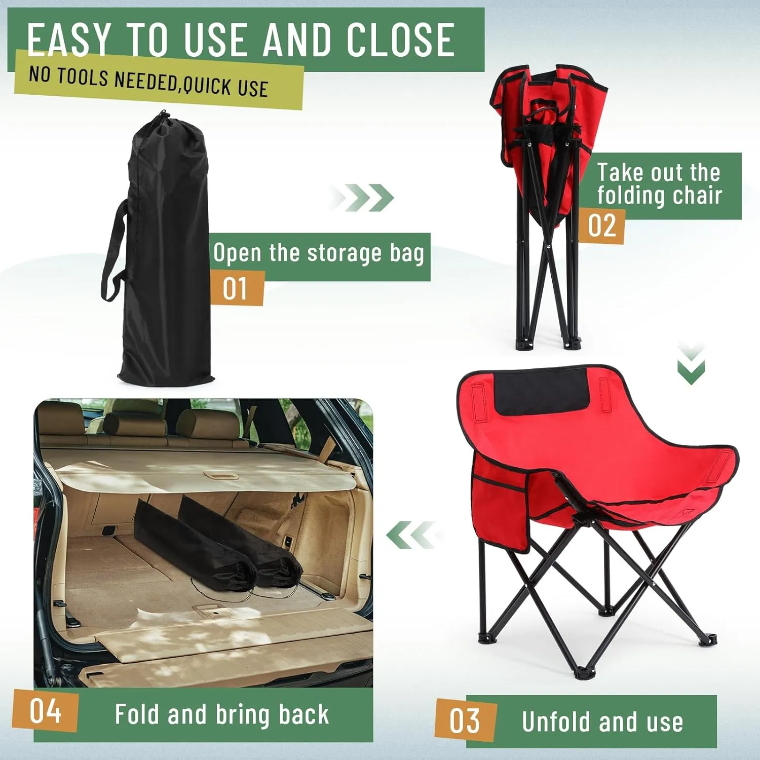 2 Pack Compact Camping Chairs Portable Folding for Outside with Carry Bag Lightweight Moon Chairs for Travel Picnic Hiking Beach Fishing, 600D Oxford, Supports 330lbs(Red, Black)