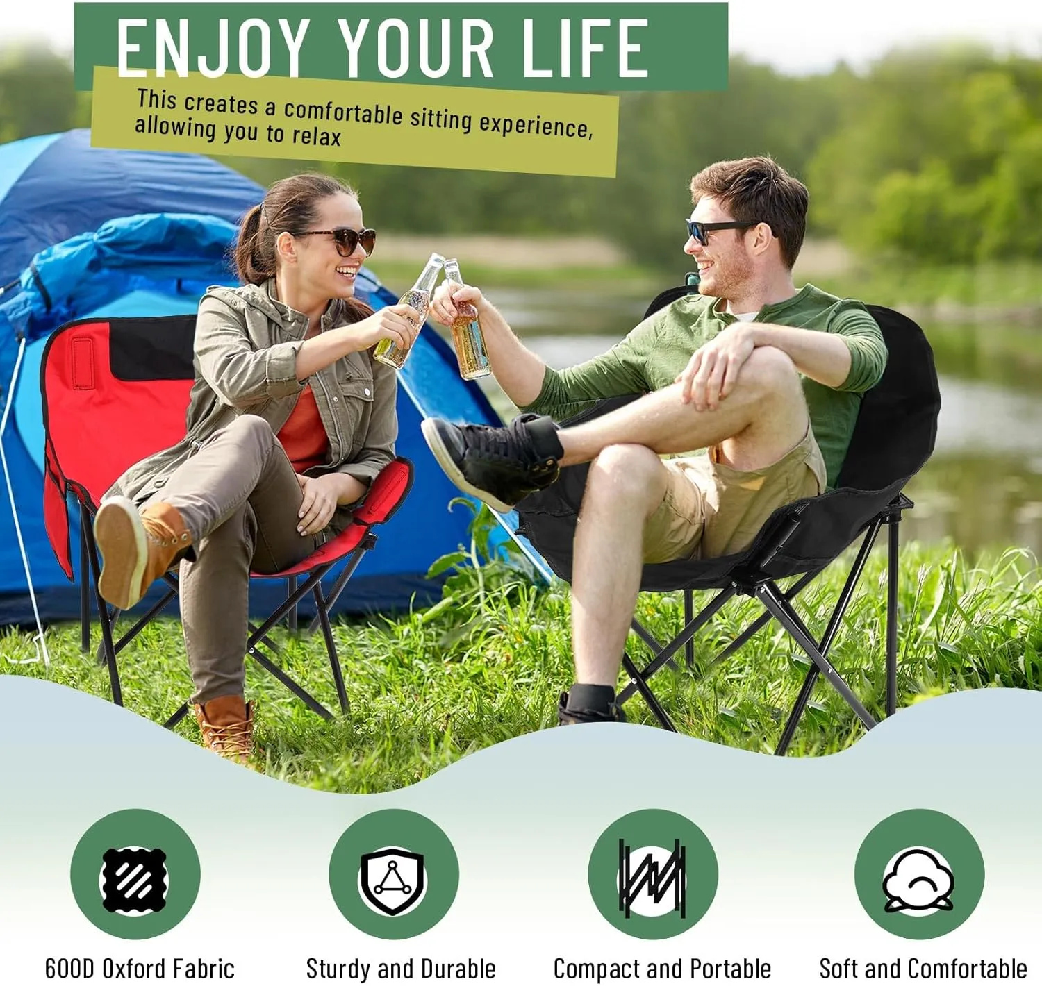 2 Pack Compact Camping Chairs Portable Folding for Outside with Carry Bag Lightweight Moon Chairs for Travel Picnic Hiking Beach Fishing, 600D Oxford, Supports 330lbs(Red, Black)