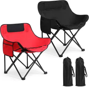 2 Pack Compact Camping Chairs Portable Folding for Outside with Carry Bag Lightweight Moon Chairs for Travel Picnic Hiking Beach Fishing, 600D Oxford, Supports 330lbs(Red, Black)