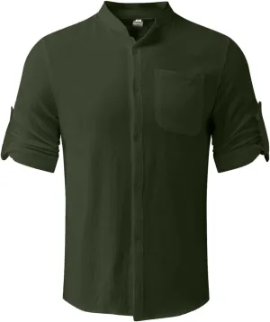 2023 Classic Fit Roll-Up Sleeve Thin Shirts for Men Solid Color Hi-Low Hem Lightweight Soft Button Down Pocket Summer Tops