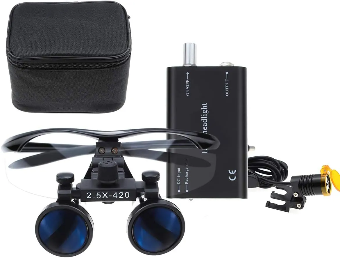2.5X Loupes Glass Binocular Magnifier Headlight Headlamp 3W Seperately with Cloth Case (Black)