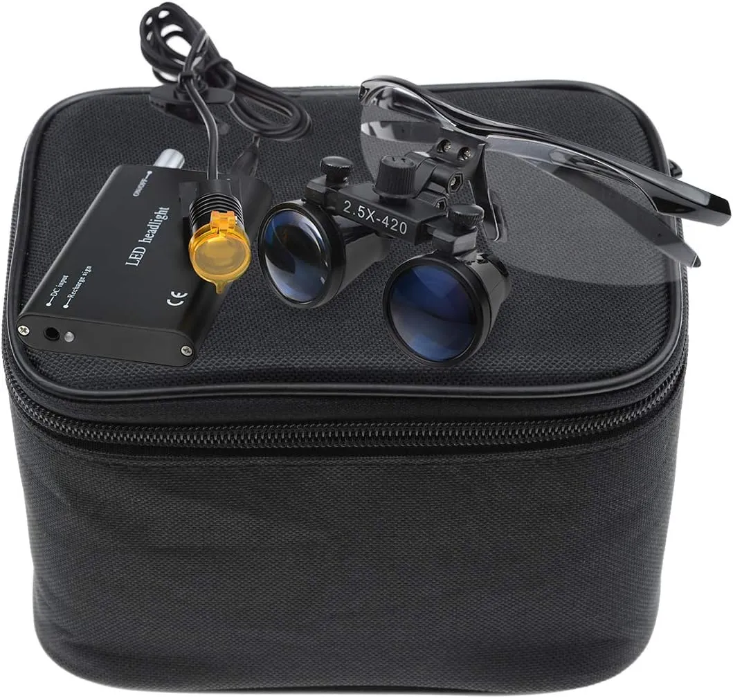 2.5X Loupes Glass Binocular Magnifier Headlight Headlamp 3W Seperately with Cloth Case (Black)