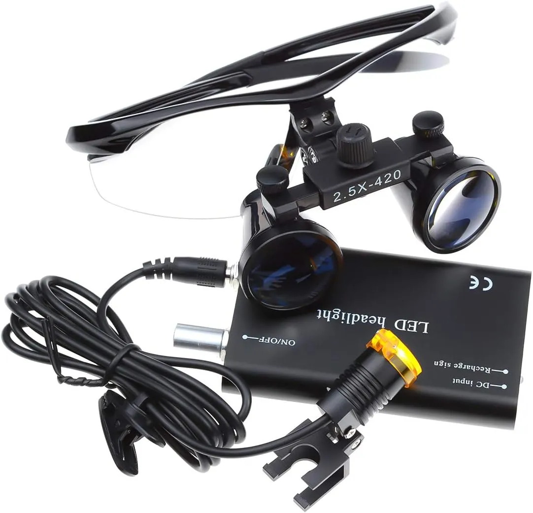 2.5X Loupes Glass Binocular Magnifier Headlight Headlamp 3W Seperately with Cloth Case (Black)