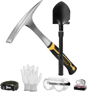 26oz Geologist Rock Pick Tool kits-12" Folding Multitool Shovel-Survival Bracelet-Safety Glasses-Jewelers Loupe-Gloves for Hounding Gold Mining Prospecting Stone Breaking Pry Rocks Loosen Soil