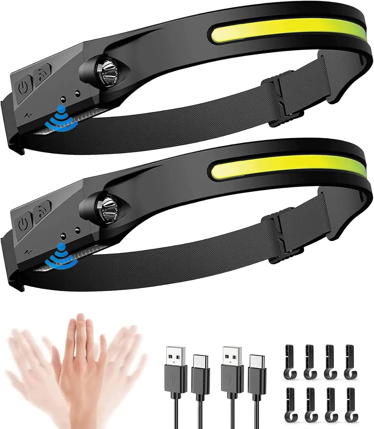 2PCS Headlamp Rechargeable, 230° Wide Beam Head Lamp LED with Motion Sensor for - Camping Accessories Gear, Waterproof Head Light Flashlight for Hiking, Running, Repairing, Fishing, Cycling