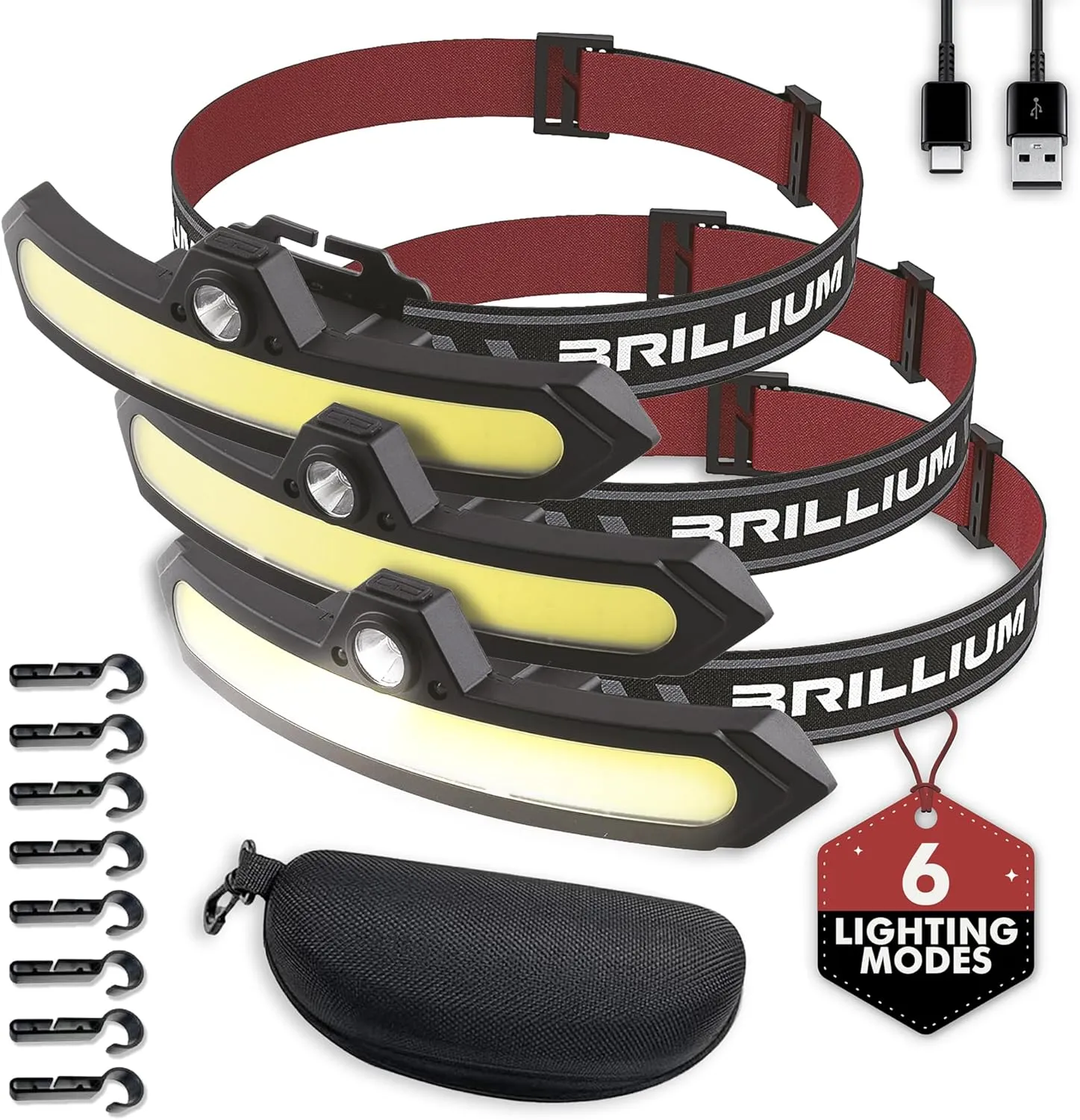 3 Pack LED headlamp rechargeable, 1200 mAh battery head lamp with 6 lightning modes, Red safety headlight with adjustable light angle, led headlights high and low beam for camping, hiking, running