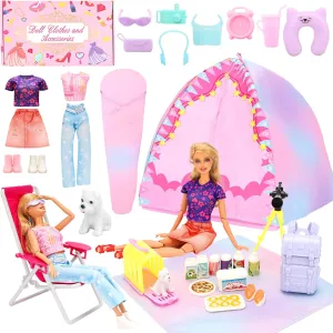 34 PCS Girl Doll Travel Camping Tent Set Includes Clothes, Food, Telescope, Tent, Sleeping Bag, Backpack, Chair, Shoes and Other Camping Accessories for 11.5 Inch Dolls （NO Doll）