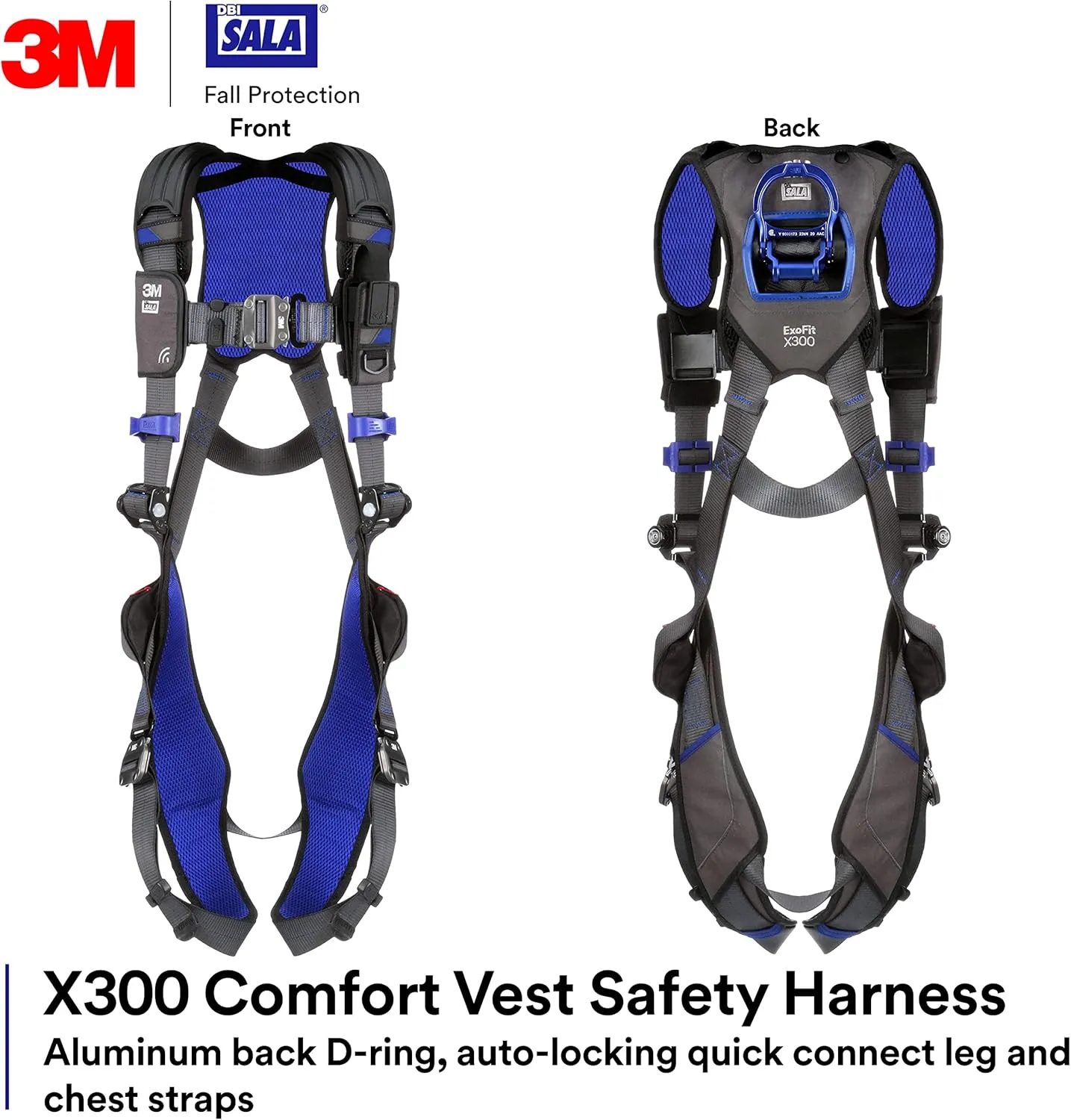 3M 1113010 DBI-SALA ExoFit X300 Comfort Vest Safety Harness Fall Protection, OSHA, ANSI, General Industry, Aluminum Back D-Ring, Auto-Locking Quick Connect Leg and Chest Straps, X-Large