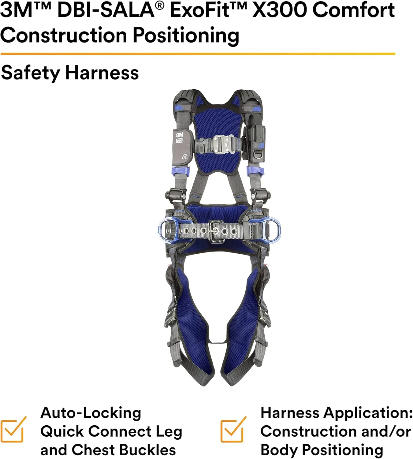 3M 1113124 DBI-SALA ExoFit X300 Comfort Construction Positioning Safety Harness, Construction Fall Protection, Aluminum Back and Hip D-Rings, Auto-Locking Quick Connect Leg and Chest Buckles, Medium