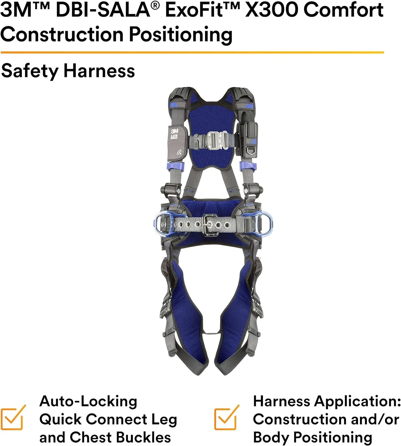3M 1113130 DBI-SALA ExoFit X300 Comfort Construction Positioning Safety Harness, Construction Fall Protection, Aluminum Back and Hip D-Rings, Auto-Locking Quick Connect Leg and Chest Buckles, X-Large