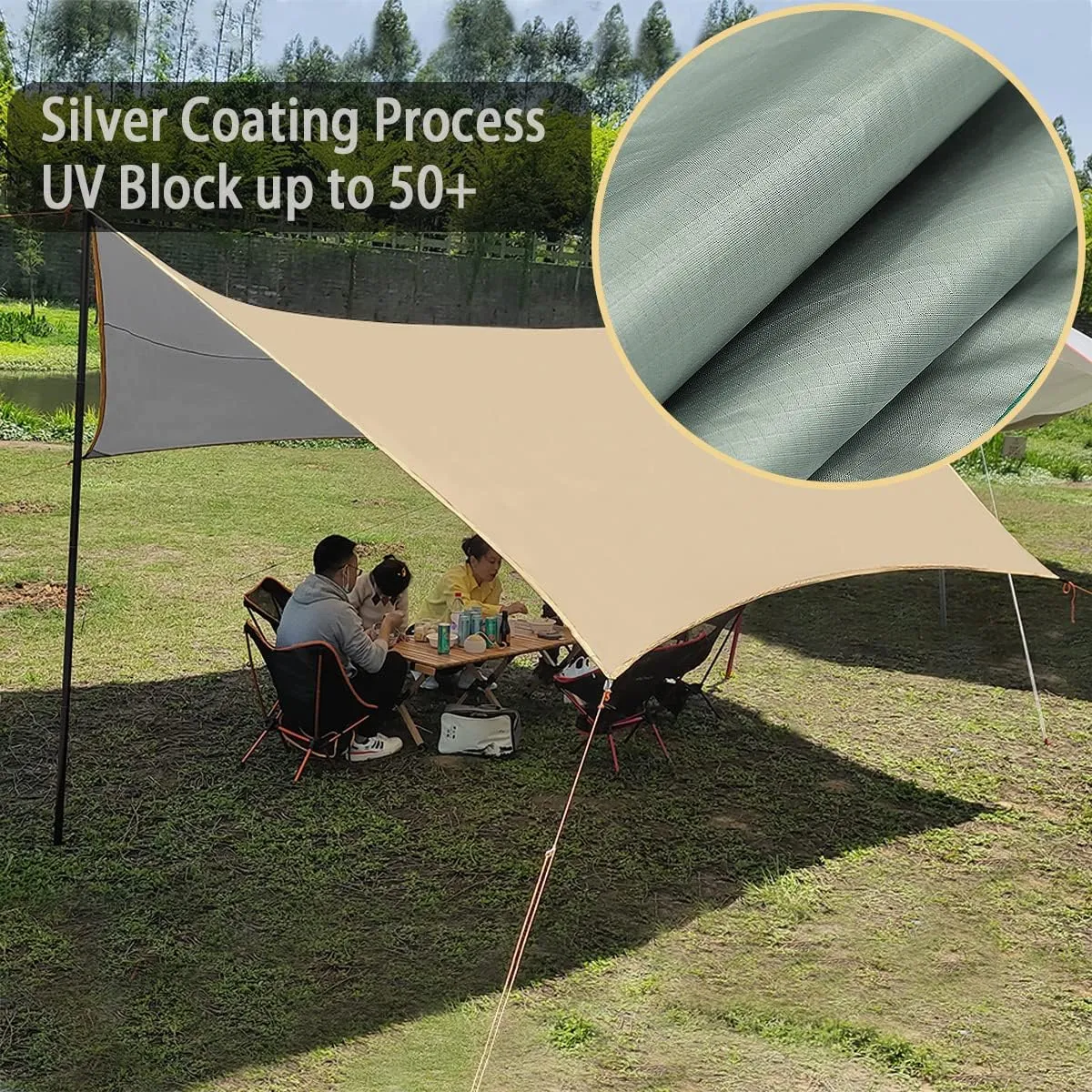 4.5X4.5m Large Camping Tarp Tent Ultralight Waterproof Hammock Rain Fly Mutifunctional Hexagon Tarpaulin Shelter for Bushcraft Picnic Backpacking Outdoor Survival (Beige Hexagonal Tarp, 15x15ft)
