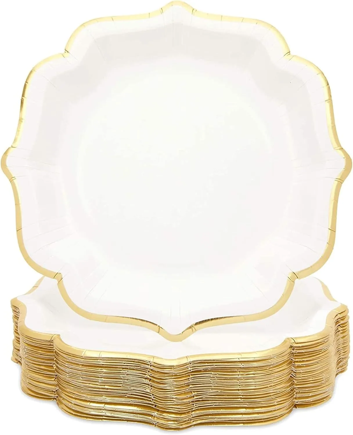 48 Pack White Paper Party Plates with Gold Foil Scalloped Edges, 9 inch Cute Fancy Paper Plates for Themed Events, Birthdays, Bridal Showers, Special Celebrations with Family and Friends