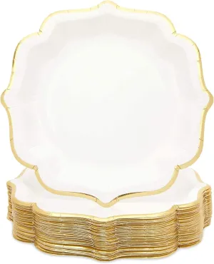 48 Pack White Paper Party Plates with Gold Foil Scalloped Edges, 9 inch Cute Fancy Paper Plates for Themed Events, Birthdays, Bridal Showers, Special Celebrations with Family and Friends