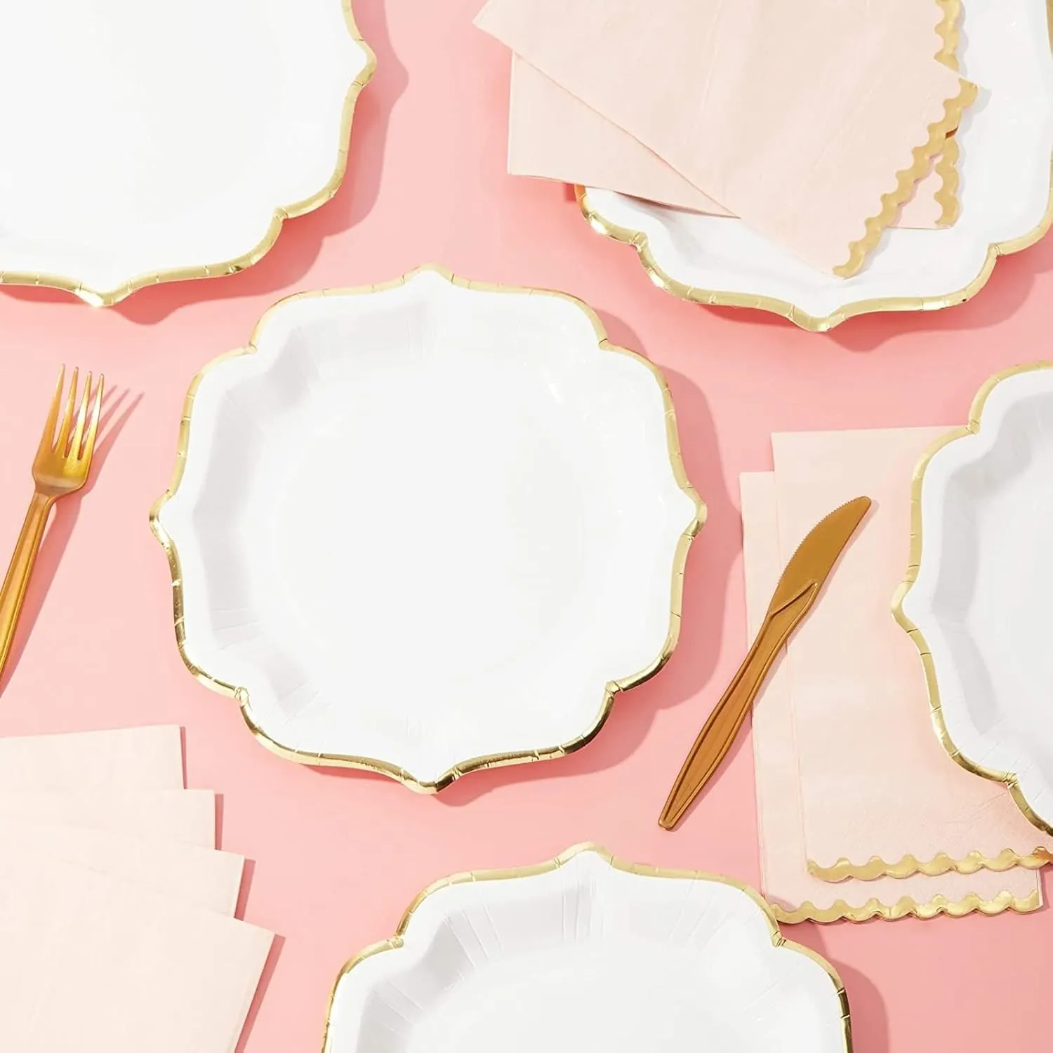 48 Pack White Paper Party Plates with Gold Foil Scalloped Edges, 9 inch Cute Fancy Paper Plates for Themed Events, Birthdays, Bridal Showers, Special Celebrations with Family and Friends