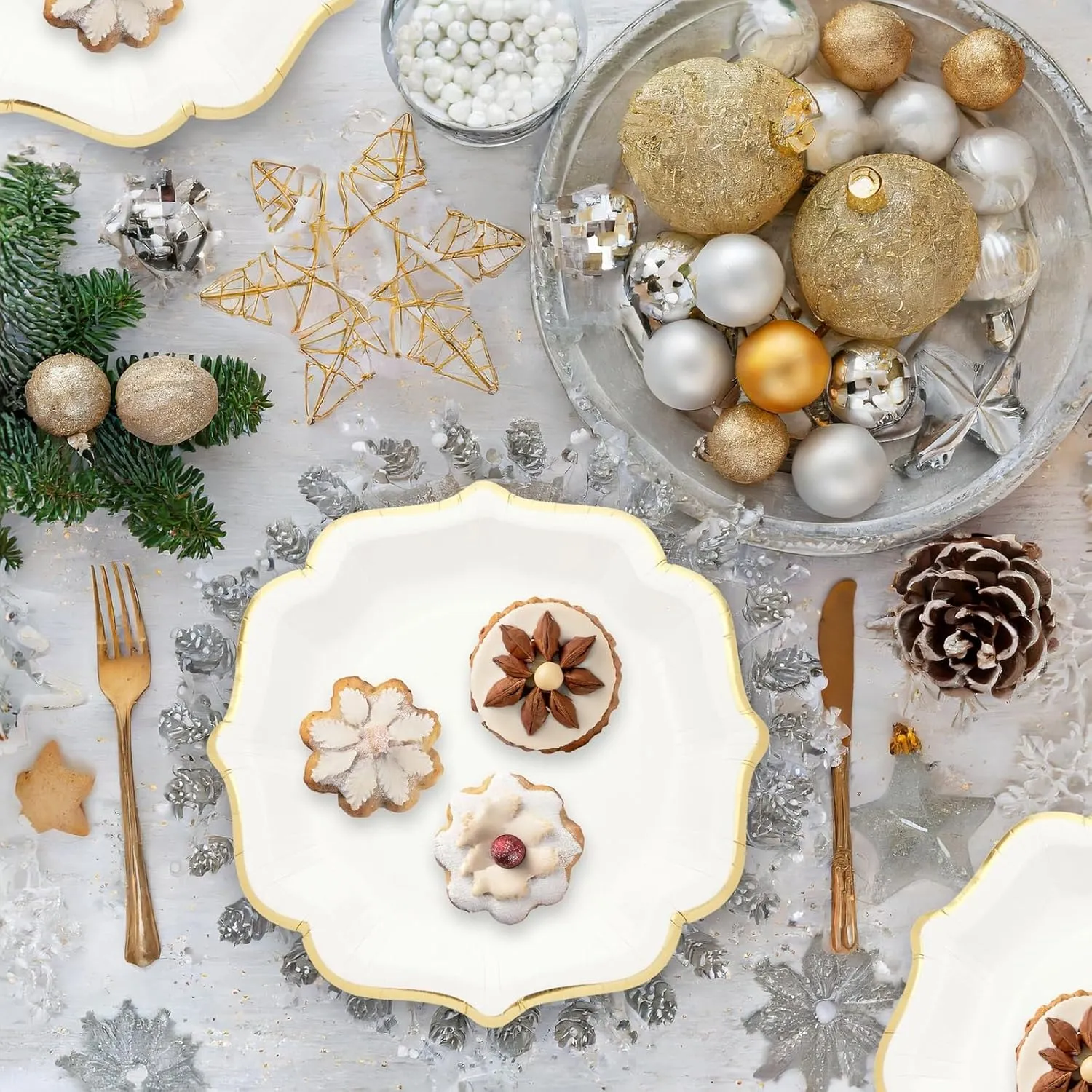 48 Pack White Paper Party Plates with Gold Foil Scalloped Edges, 9 inch Cute Fancy Paper Plates for Themed Events, Birthdays, Bridal Showers, Special Celebrations with Family and Friends