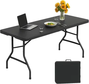 5FT Folding Table Heavy Duty Foldable Table Lightweight Plastic Table with Reinforced Legs for Indoor Outdoor Use Perfect Portable Tables Folding for Parties, BBQs, Weddings, Camping Black