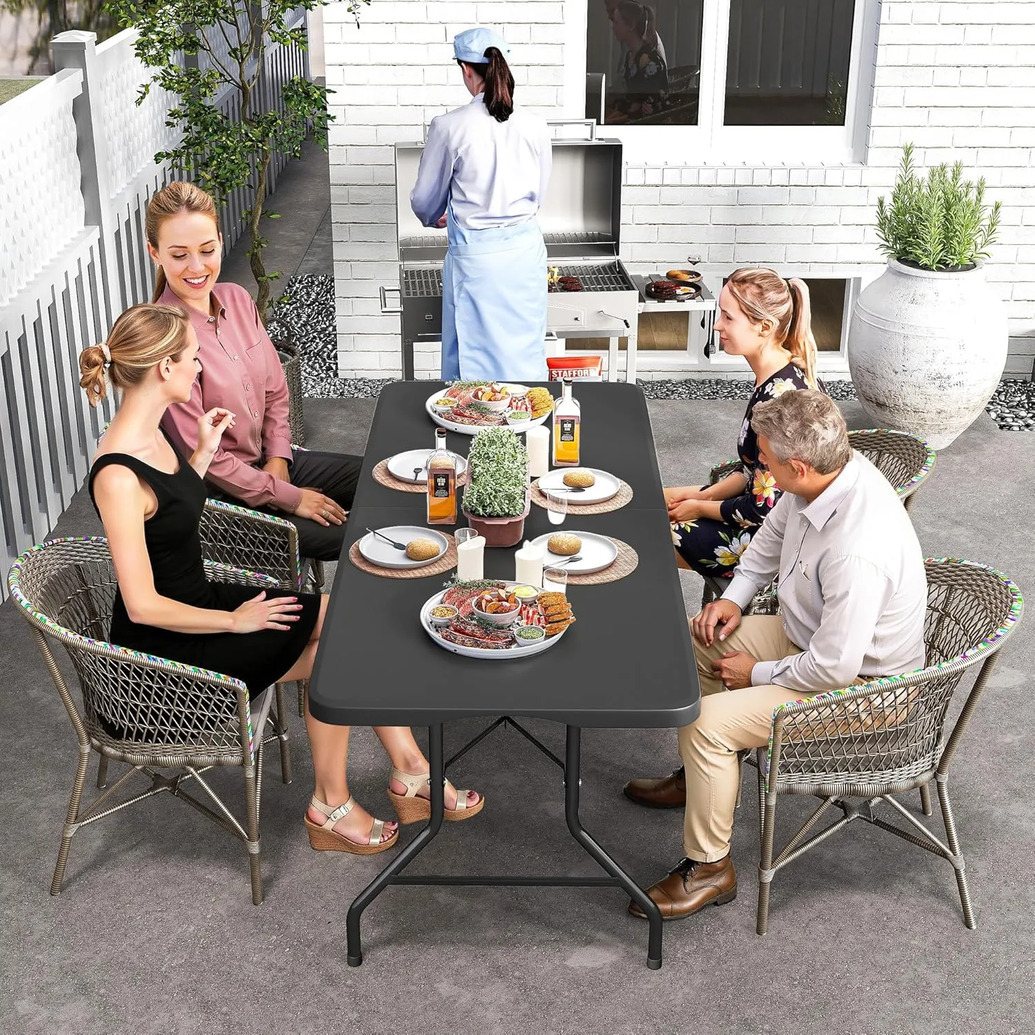 5FT Folding Table Heavy Duty Foldable Table Lightweight Plastic Table with Reinforced Legs for Indoor Outdoor Use Perfect Portable Tables Folding for Parties, BBQs, Weddings, Camping Black