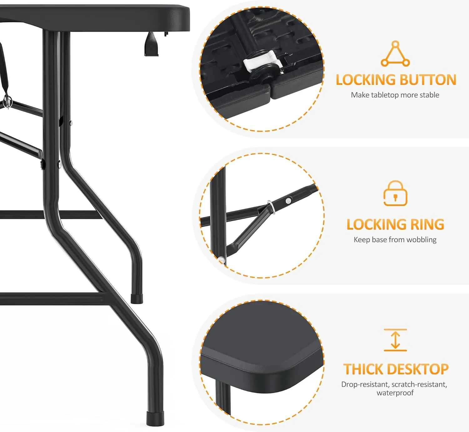 5FT Folding Table Heavy Duty Foldable Table Lightweight Plastic Table with Reinforced Legs for Indoor Outdoor Use Perfect Portable Tables Folding for Parties, BBQs, Weddings, Camping Black