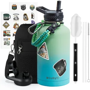 64 oz Insulated Water Bottle with Straw (Cold for 48 Hrs), Half Gallon Stainless Steel Triple Wall Vacuum Sports Water Jug, Leakproof Hydro Cup Flask with Straw Spout Lids & DIY Stickers