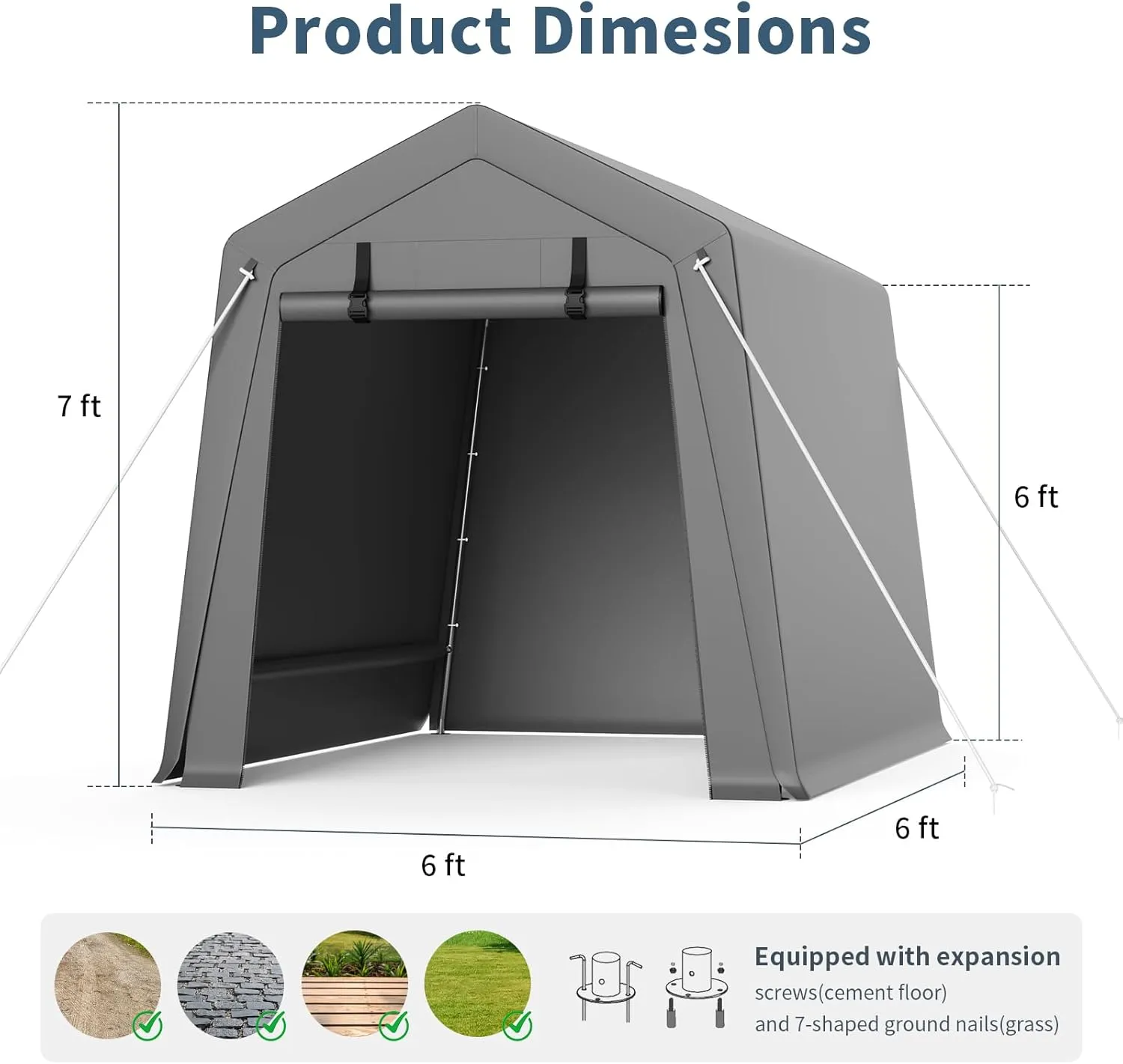 6'x6' Outdoor Portable Storage Shed, Waterproof & UV-Resistant Garage Shelter with 2 Roll-Up Zipper Doors, Anti-Snow Carport Tent for Motorcycle, Bike, and Outdoor Equipment, Gray