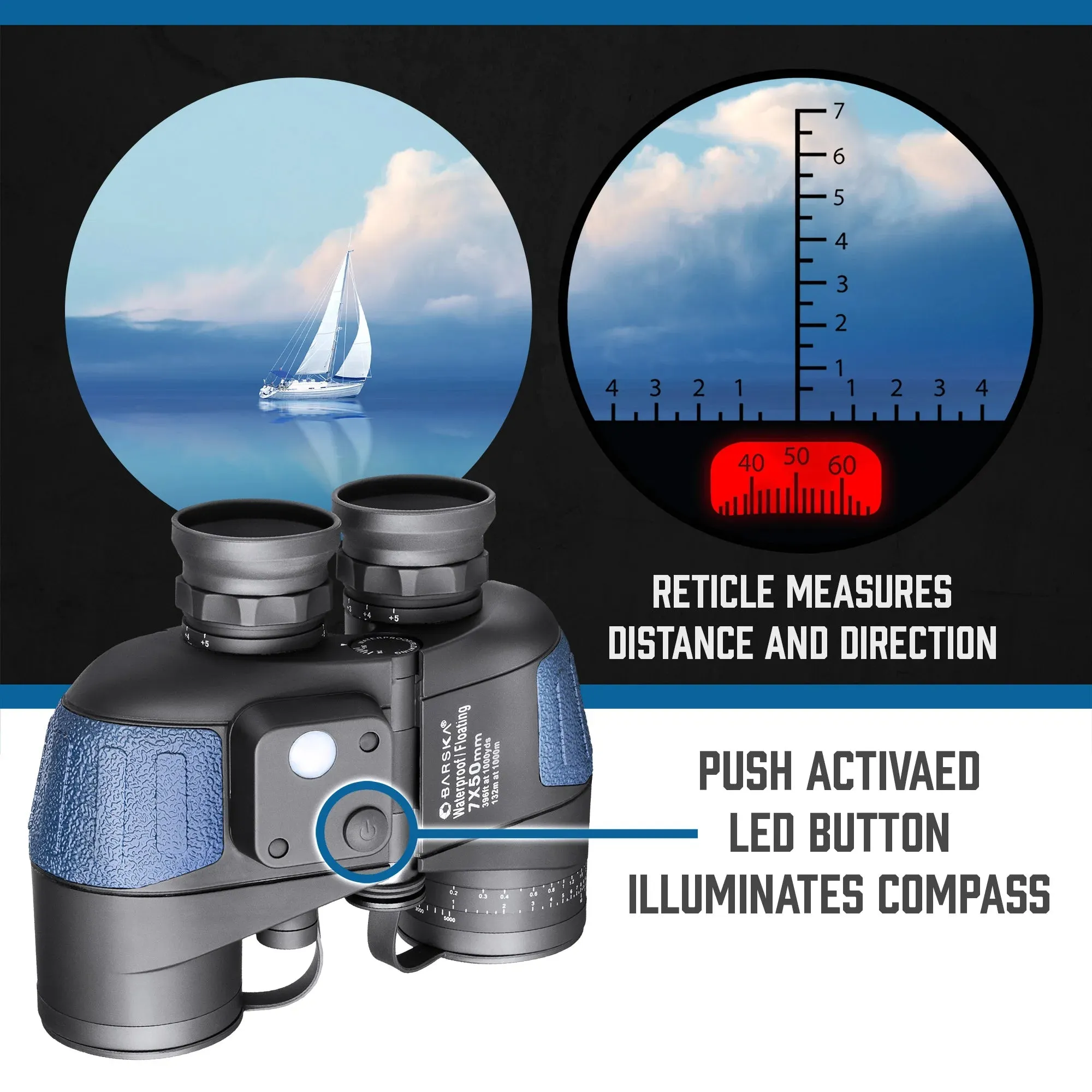 7x50mm Deep Sea Floating Waterproof Range Finding Compass Reticle Binoculars | AB10798