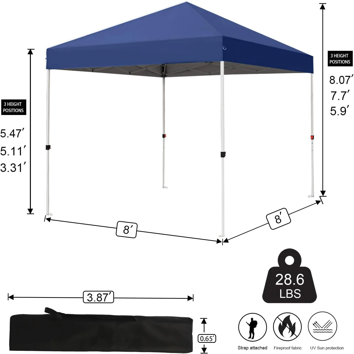 8x8ft Pop Up Canopy, Popup Outdoor Canopy Tent with Carrying Bag,Portable Gazebo Shelter for Patio,Deck,Garden,Beach（Dark Blue）