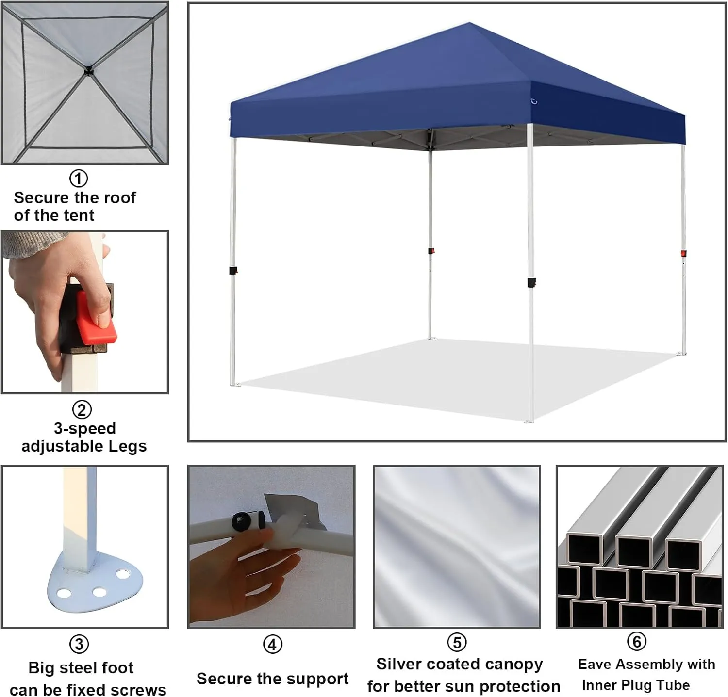 8x8ft Pop Up Canopy, Popup Outdoor Canopy Tent with Carrying Bag,Portable Gazebo Shelter for Patio,Deck,Garden,Beach（Dark Blue）