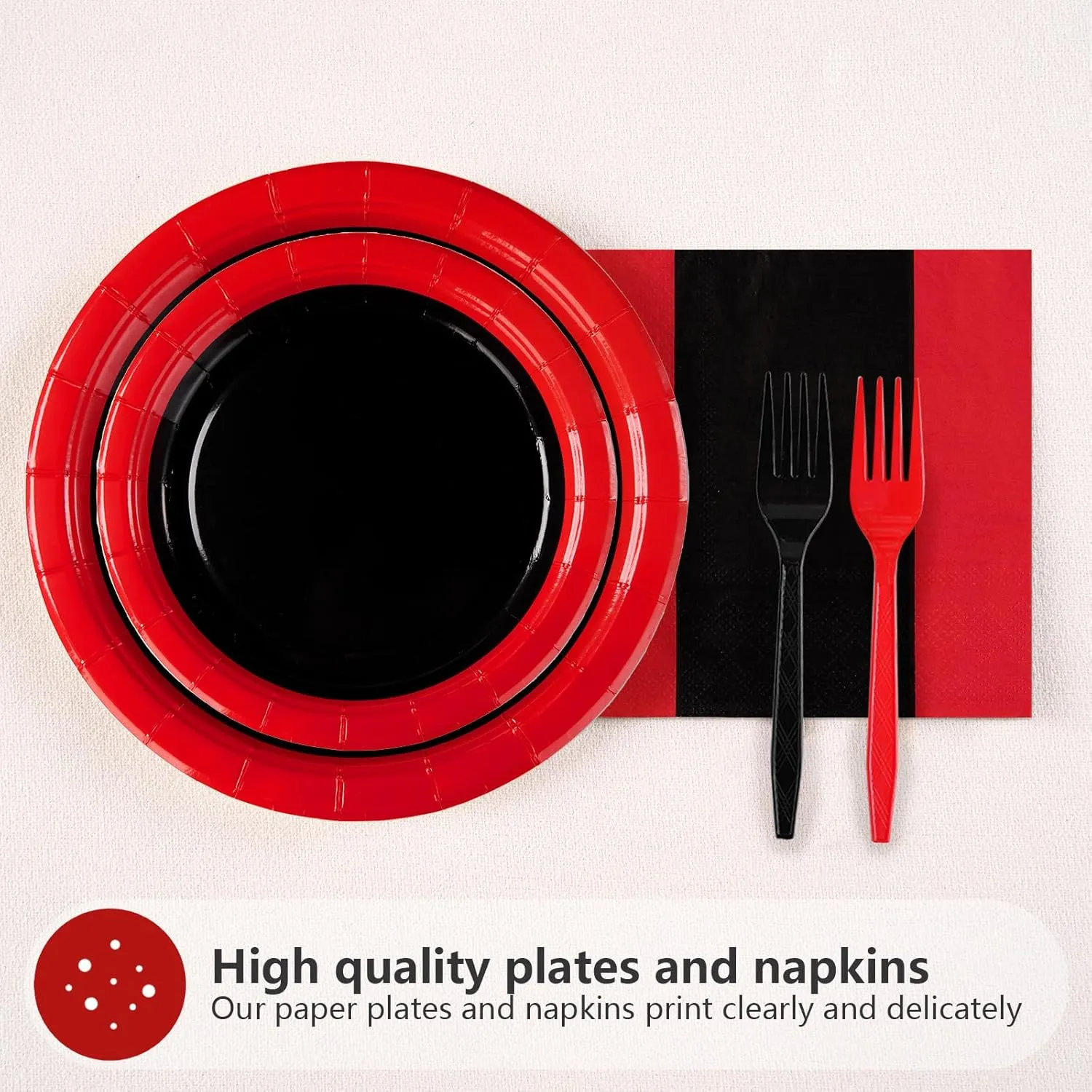 96 Pcs Red and Black Birthday Party Supplies 350GSM Black and Red Paper Plates and Napkins Tableware Sets Red and Black Party Decorations for Wedding Fiesta Congrats Graduation Party Favors Serves 24