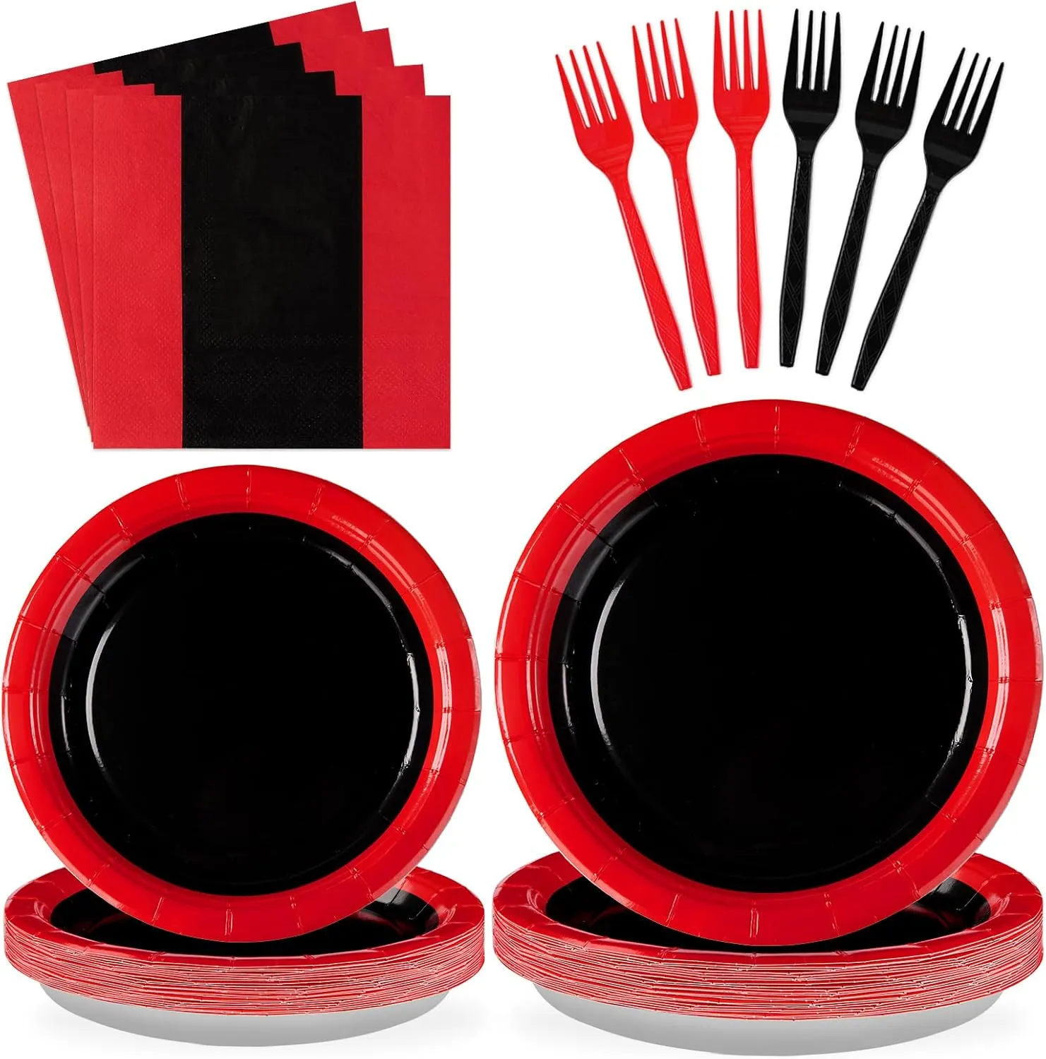 96 Pcs Red and Black Birthday Party Supplies 350GSM Black and Red Paper Plates and Napkins Tableware Sets Red and Black Party Decorations for Wedding Fiesta Congrats Graduation Party Favors Serves 24