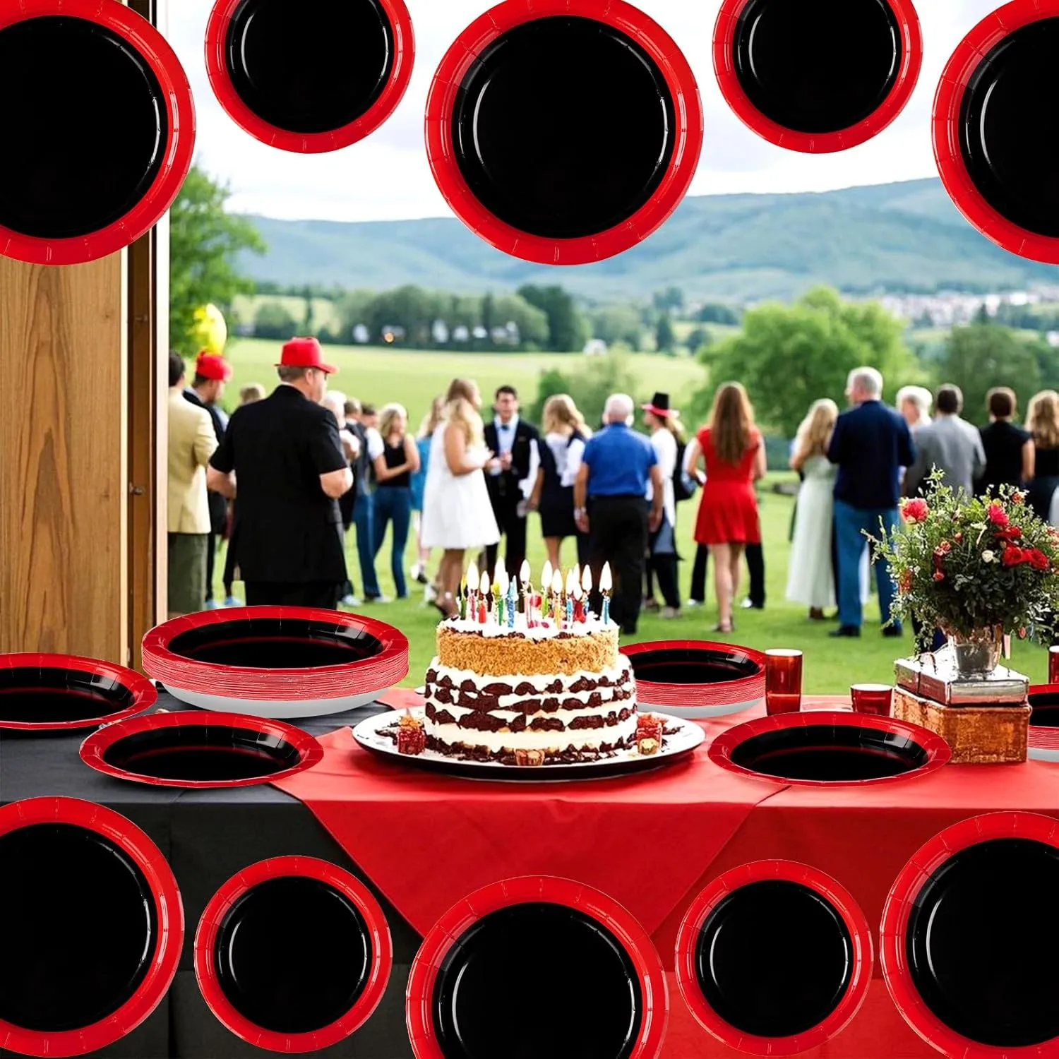 96 Pcs Red and Black Birthday Party Supplies 350GSM Black and Red Paper Plates and Napkins Tableware Sets Red and Black Party Decorations for Wedding Fiesta Congrats Graduation Party Favors Serves 24
