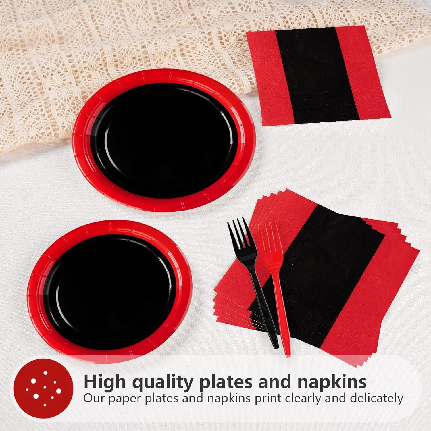 96 Pcs Red and Black Birthday Party Supplies 350GSM Black and Red Paper Plates and Napkins Tableware Sets Red and Black Party Decorations for Wedding Fiesta Congrats Graduation Party Favors Serves 24