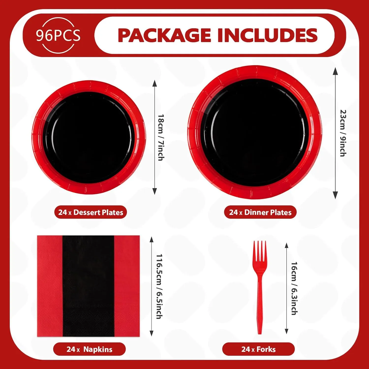 96 Pcs Red and Black Birthday Party Supplies 350GSM Black and Red Paper Plates and Napkins Tableware Sets Red and Black Party Decorations for Wedding Fiesta Congrats Graduation Party Favors Serves 24