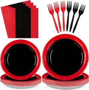 96 Pcs Red and Black Birthday Party Supplies 350GSM Black and Red Paper Plates and Napkins Tableware Sets Red and Black Party Decorations for Wedding Fiesta Congrats Graduation Party Favors Serves 24
