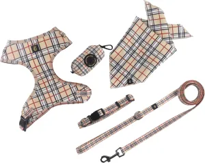Adjustable Dog Harness, Leash, Poop Bag Holder/Dispenser and Bandana Set, No Pull, Soft Mesh Padded, for Small/Medium Dogs Outdoor Walking/Running (Large, Furberryplaid)